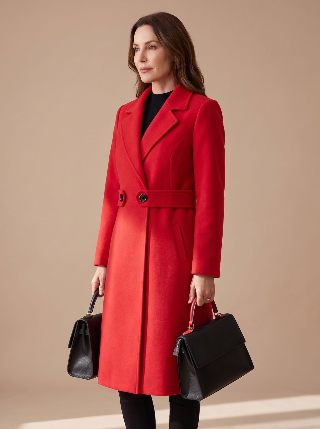 Women's Wool Coat Tailored Longline Belted Overcoat - Red