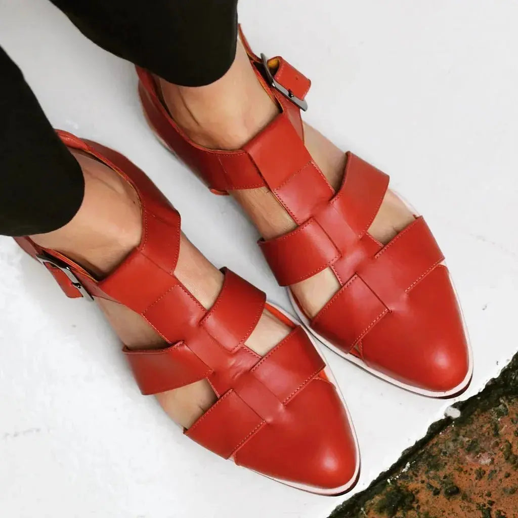 Women's Woven Flat Sandals Buckle Strap - Red