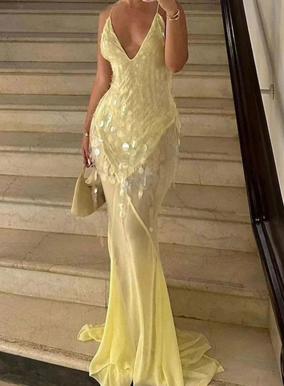 Women's Yellow Sequin Crossback V-Neck Maxi Party Dress
