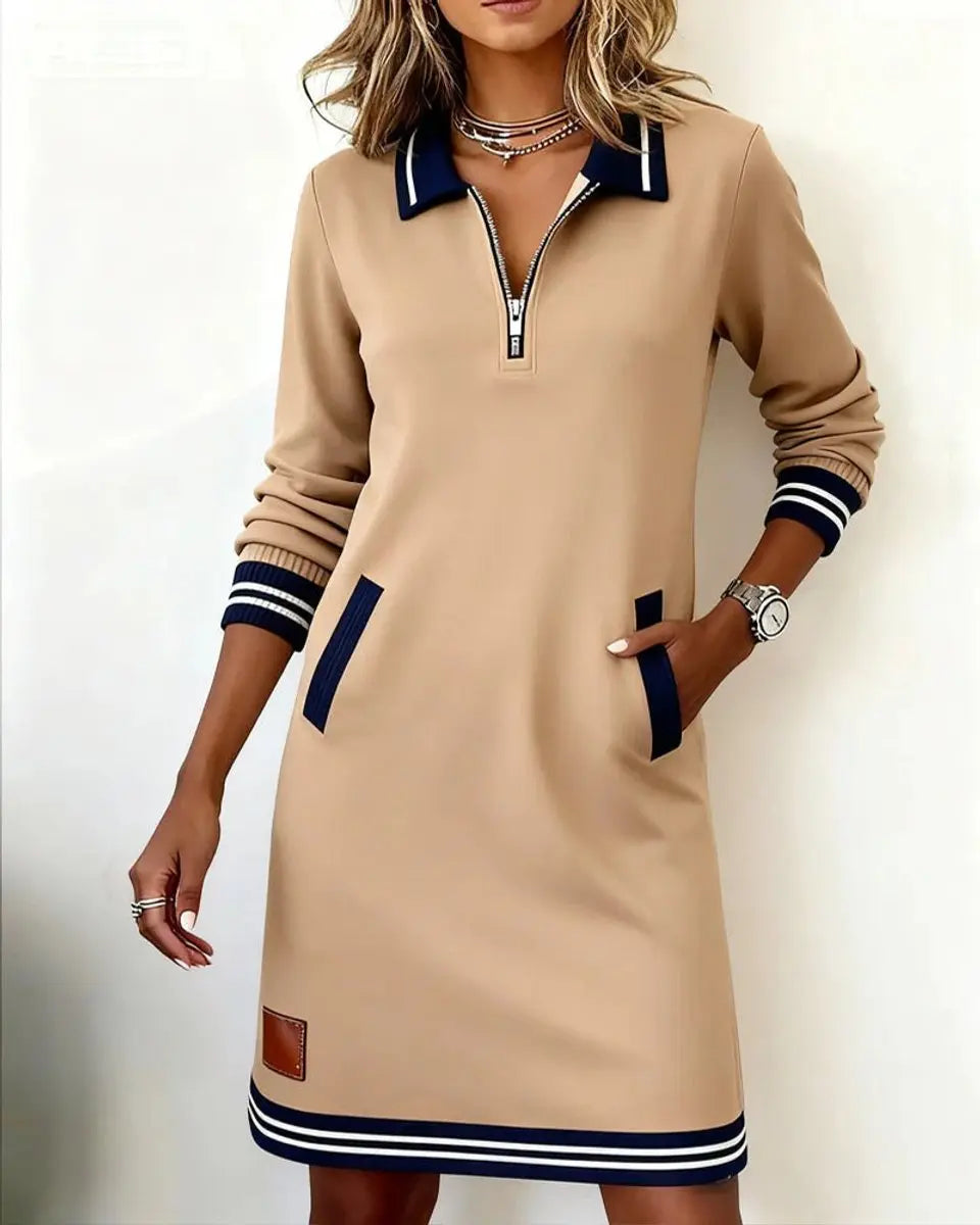 Women's Zip-Collar Midi Long Sleeve Dress Striped Trim Side Pockets - Beige