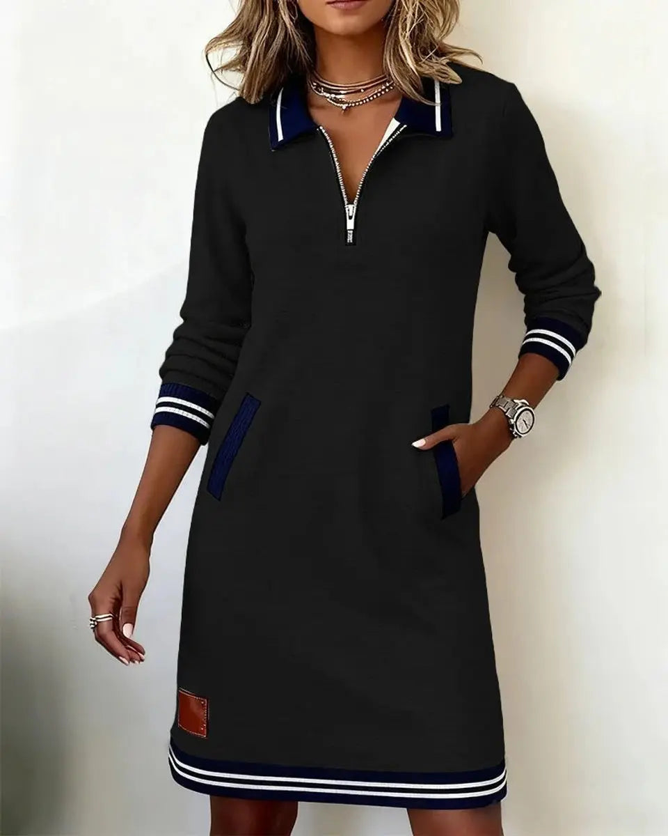 Women's Zip-Collar Midi Long Sleeve Dress Striped Trim Side Pockets - Black