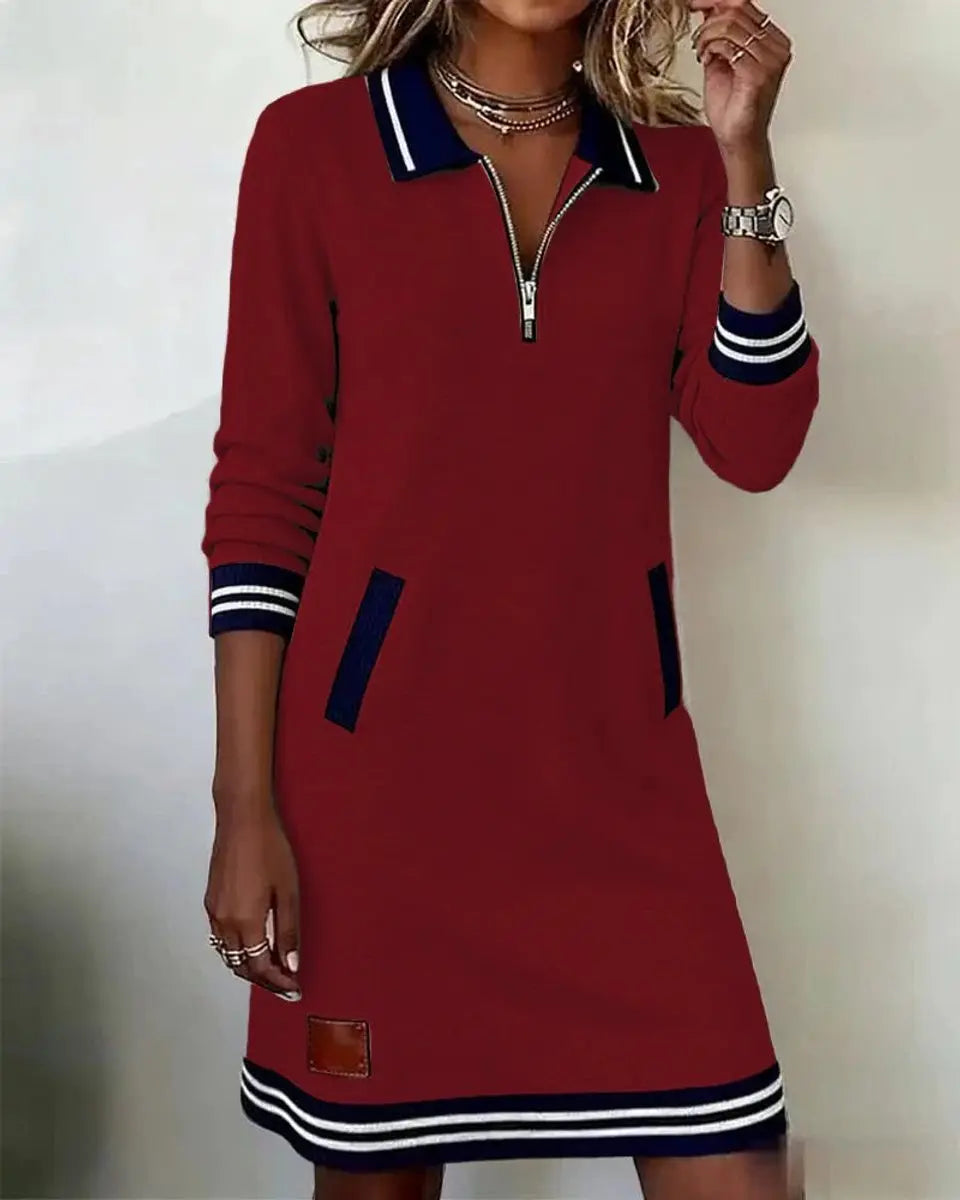 Women's Zip-Collar Midi Long Sleeve Dress Striped Trim Side Pockets