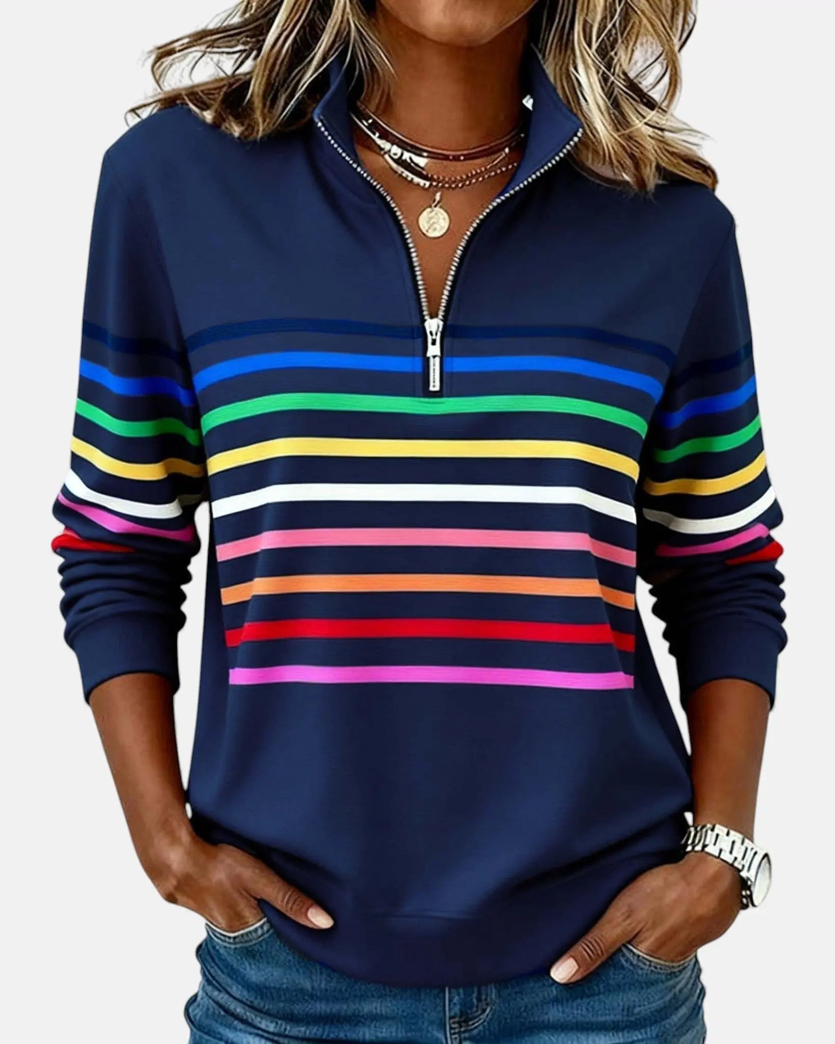 Women's Zip Jumper Quarter Zip Pullover Relaxed Fit - Navy Blue