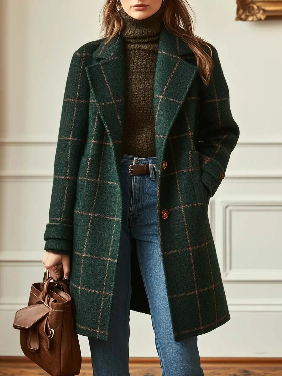 Wool Blend Check Coat Double Breasted Lapel Collar Winter - Dark Green
