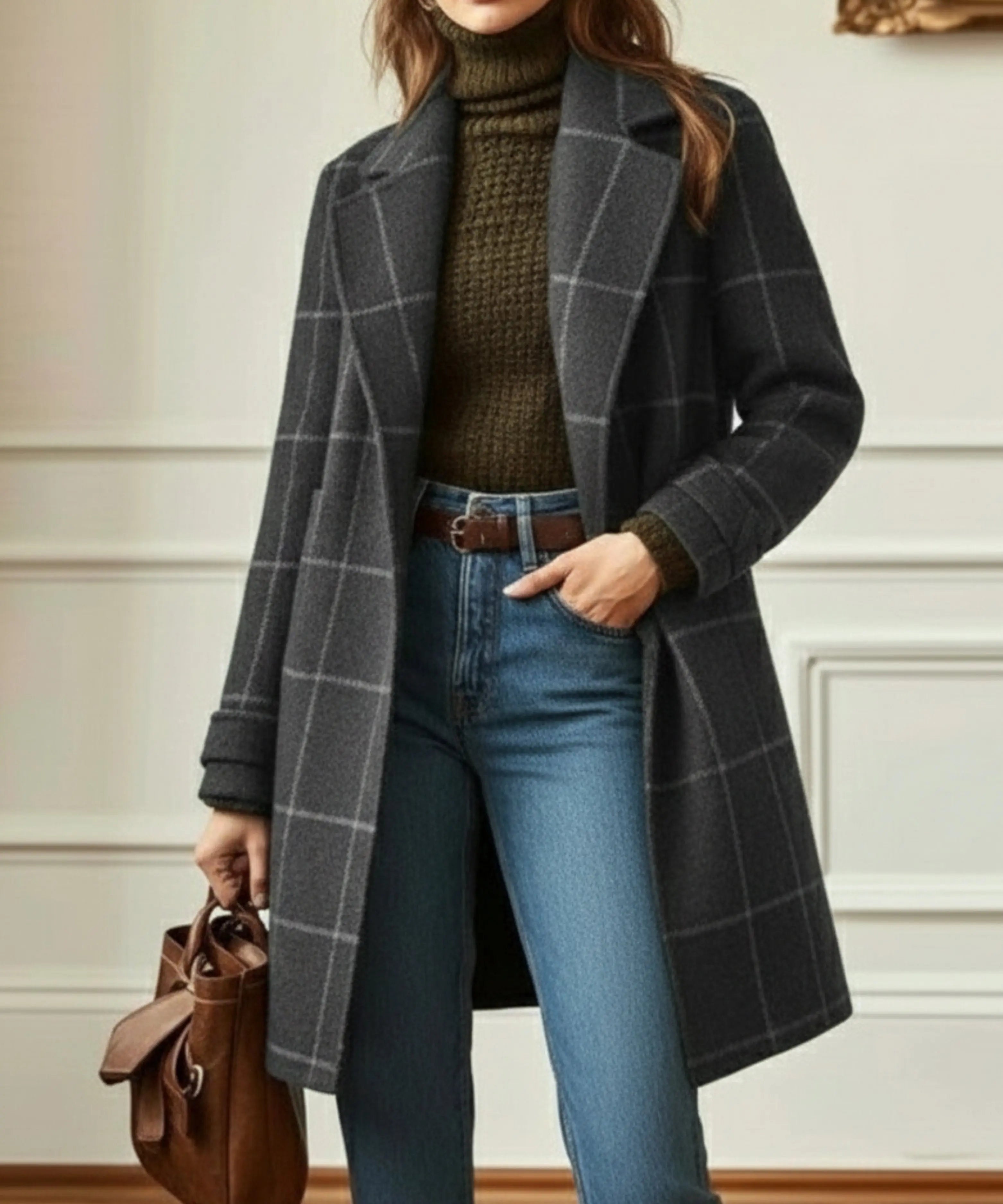 Wool Blend Check Coat Double Breasted Lapel Collar Winter - Grey