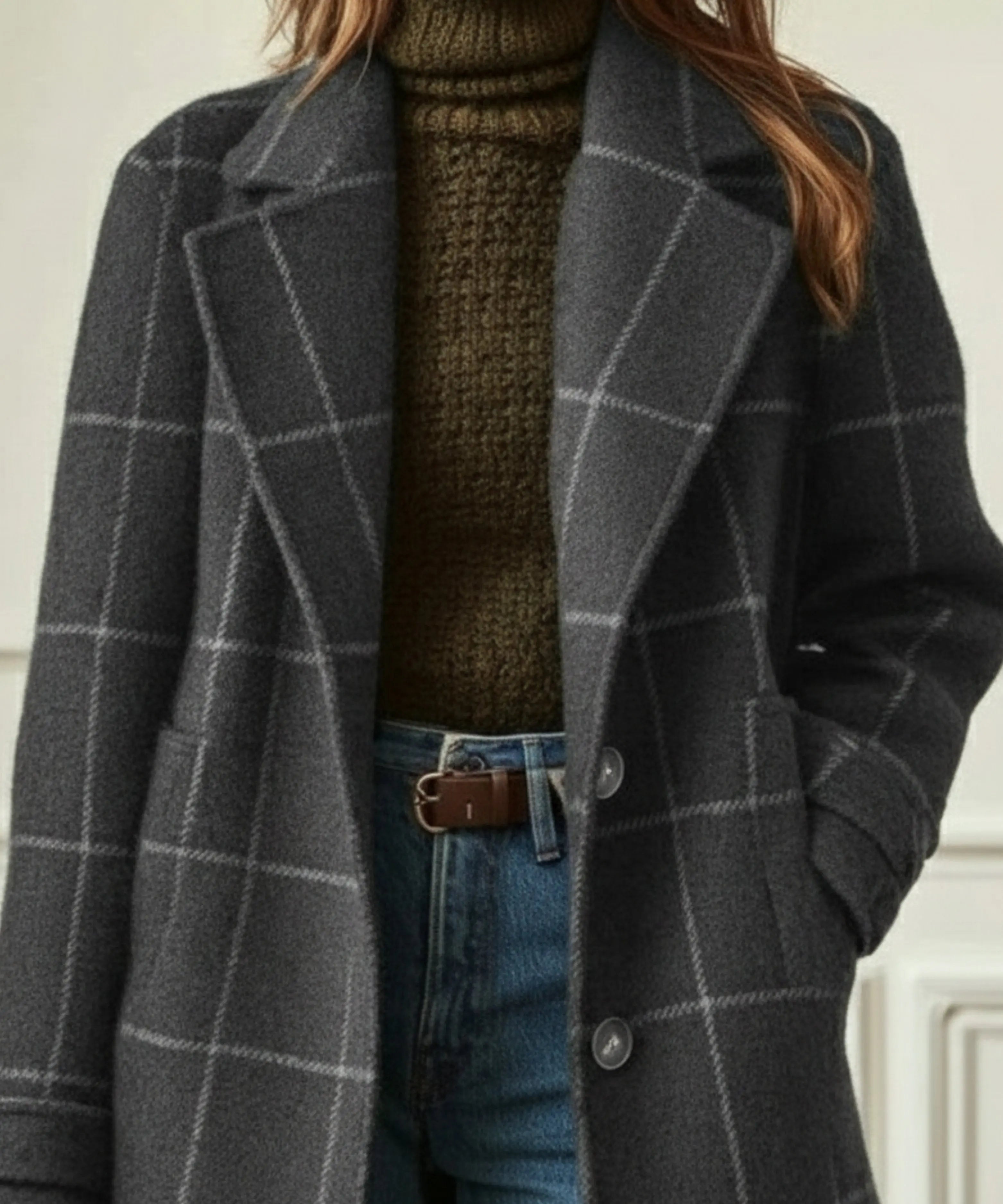 Wool Blend Check Coat Double Breasted Lapel Collar Winter