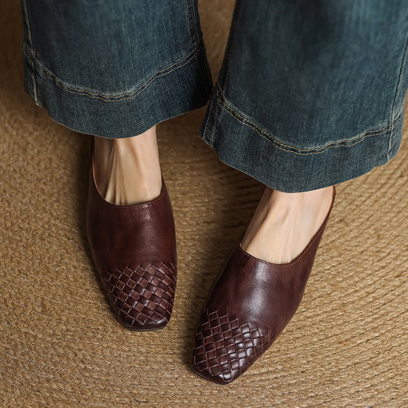 Woven Leather Mules Square Toe Low Heel