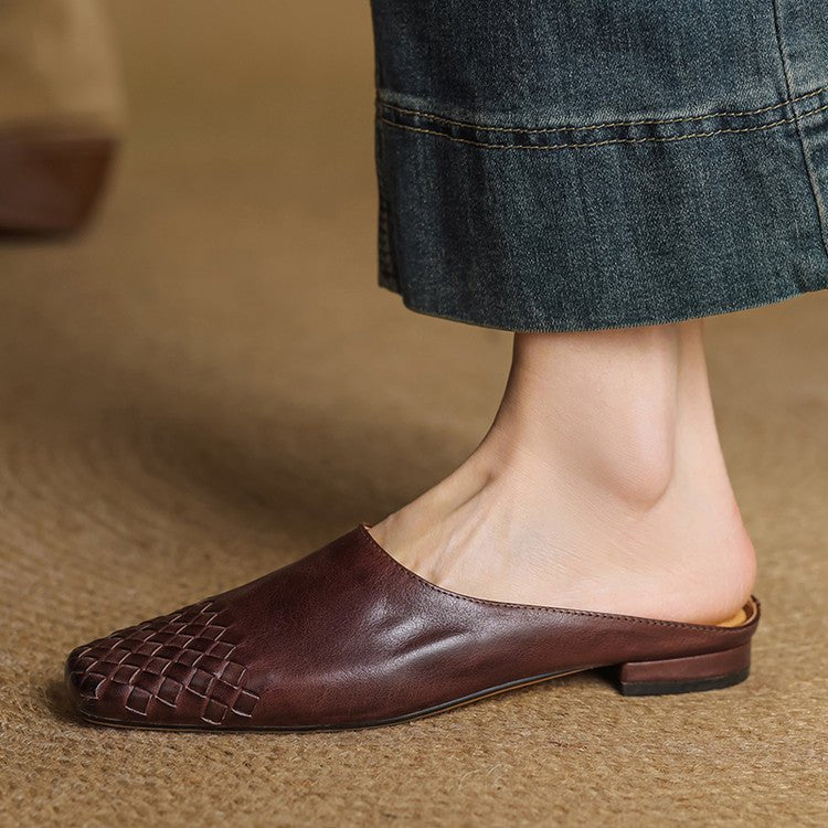 Woven Leather Mules Square Toe Low Heel