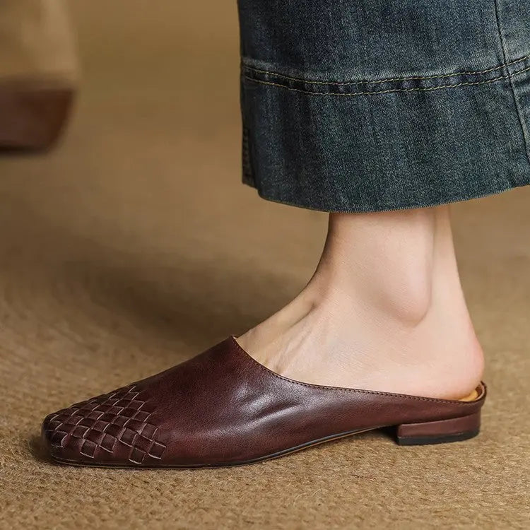 Woven Leather Mules Square Toe Low Heel