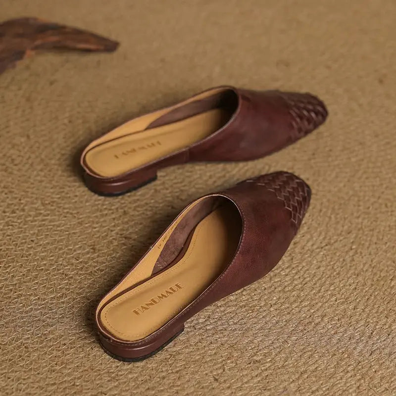 Woven Leather Mules Square Toe Low Heel