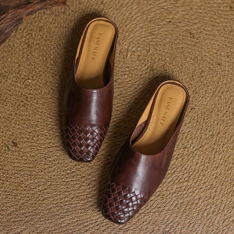 Woven Leather Mules Square Toe Low Heel