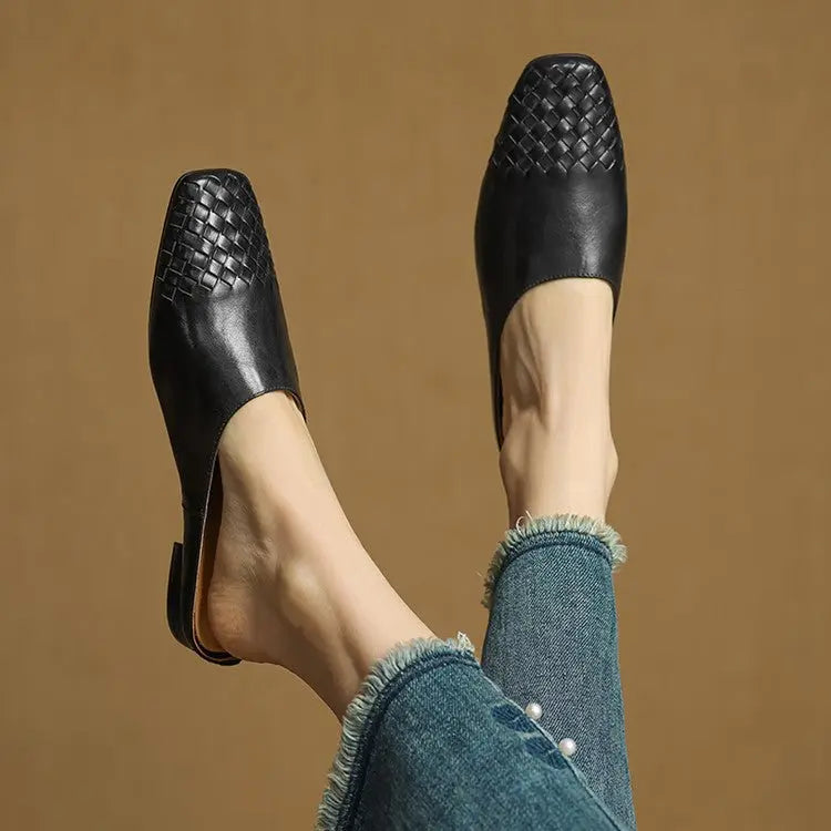 Woven Leather Mules Square Toe Low Heel