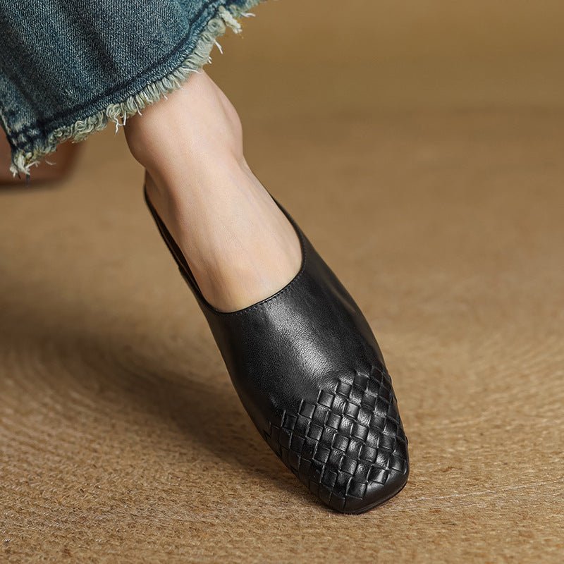 Woven Leather Mules Square Toe Low Heel