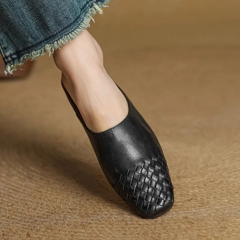 Woven Leather Mules Square Toe Low Heel