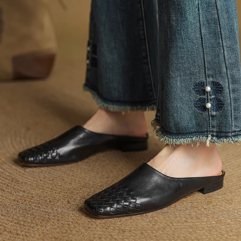 Woven Leather Mules Square Toe Low Heel