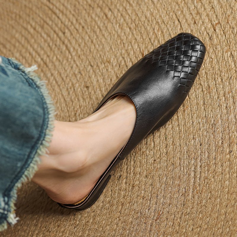 Woven Leather Mules Square Toe Low Heel