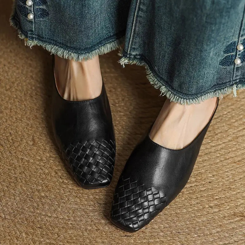 Woven Leather Mules Square Toe Low Heel