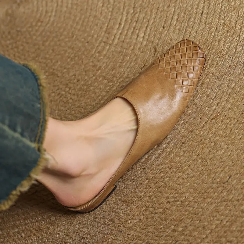 Woven Leather Mules Square Toe Low Heel