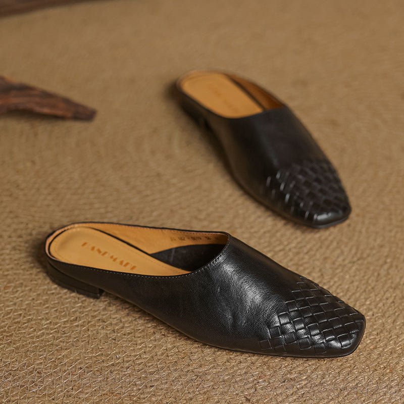Woven Leather Mules Square Toe Low Heel - Black