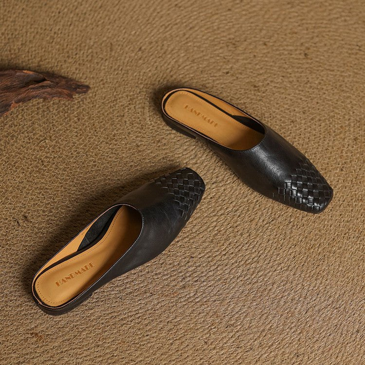 Woven Leather Mules Square Toe Low Heel