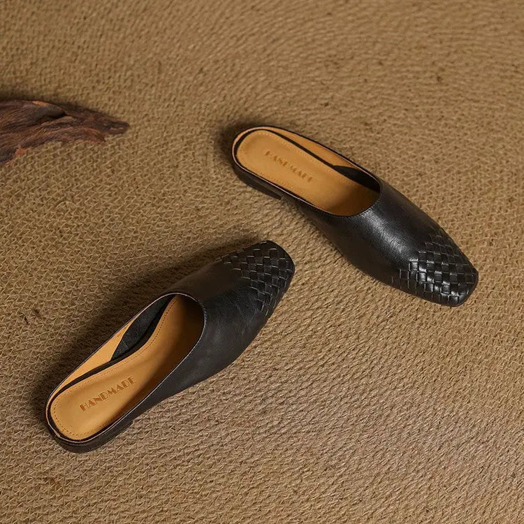 Woven Leather Mules Square Toe Low Heel