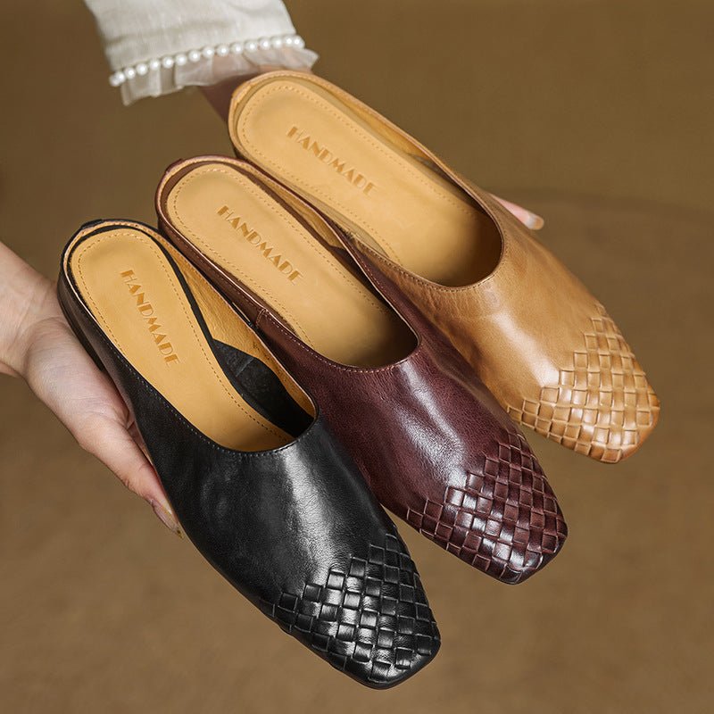 Woven Leather Mules Square Toe Low Heel