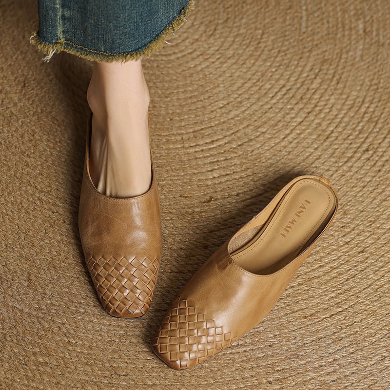 Woven Leather Mules Square Toe Low Heel