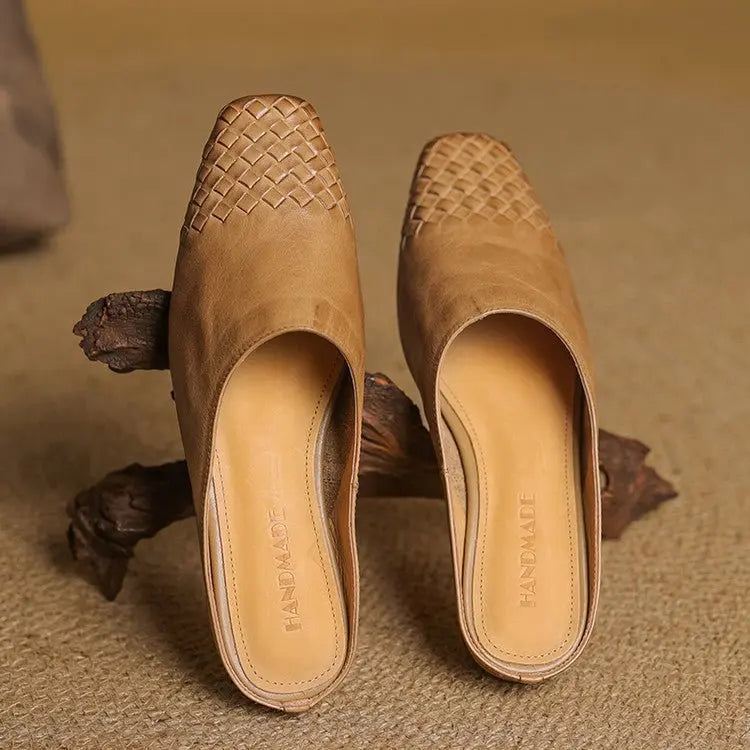 Woven Leather Mules Square Toe Low Heel