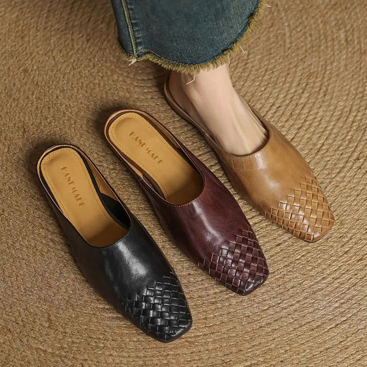 Woven Leather Mules Square Toe Low Heel