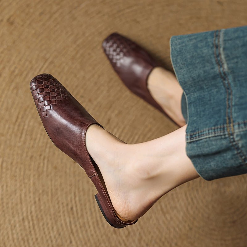 Woven Leather Mules Square Toe Low Heel
