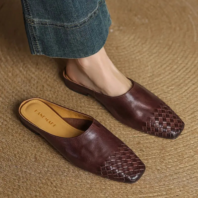 Woven Leather Mules Square Toe Low Heel - Brown