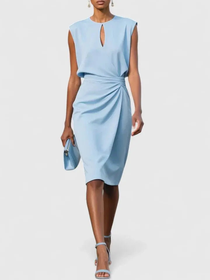 Wrap Dress Keyhole Neck Ruched Waist Knee Length - Light Blue