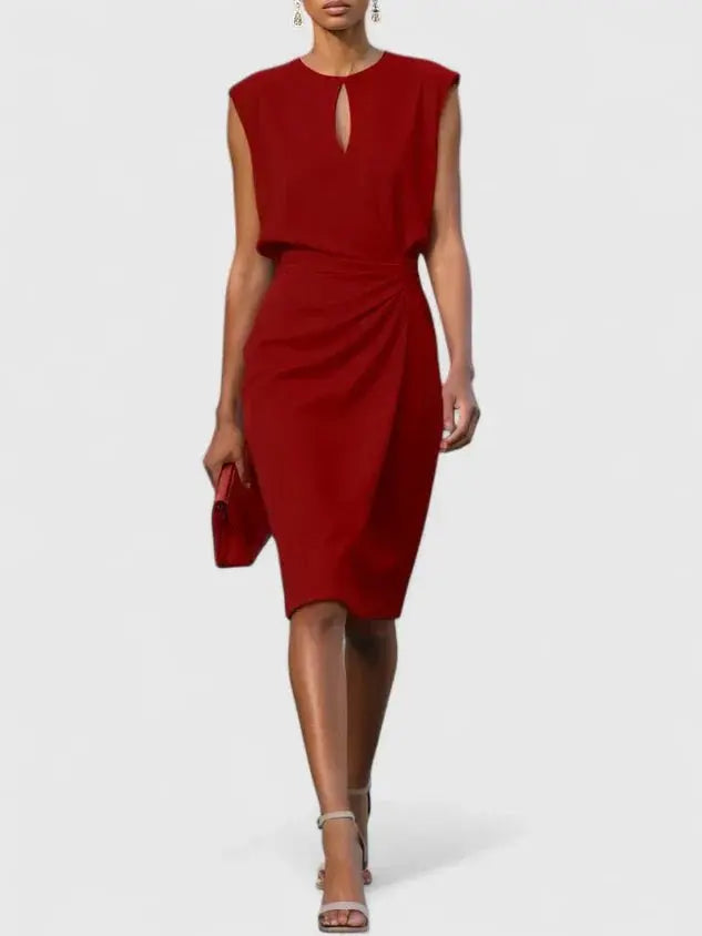 Wrap Dress Keyhole Neck Ruched Waist Knee Length - Red