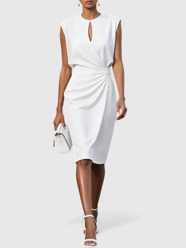 Wrap Dress Keyhole Neck Ruched Waist Knee Length - White