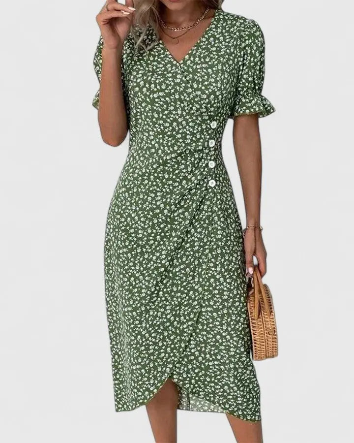 Wrap Midi Dress V-Neck Short Sleeve Floral Summer - Green