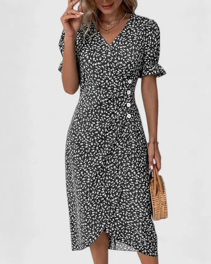 Wrap Midi Dress V-Neck Short Sleeve Floral Summer - Black