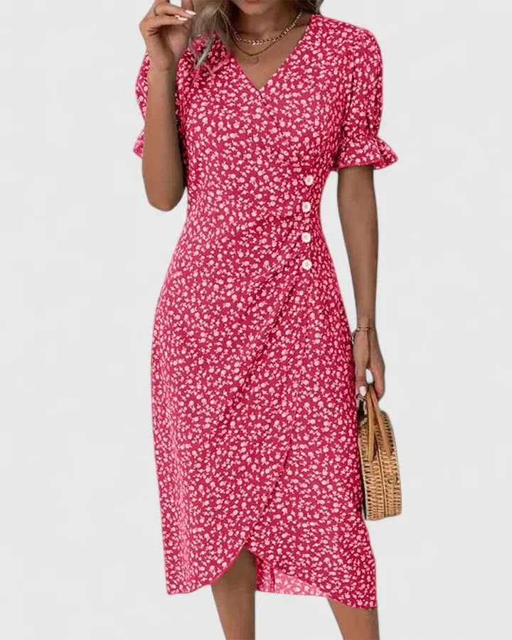 Wrap Midi Dress V-Neck Short Sleeve Floral Summer - Red
