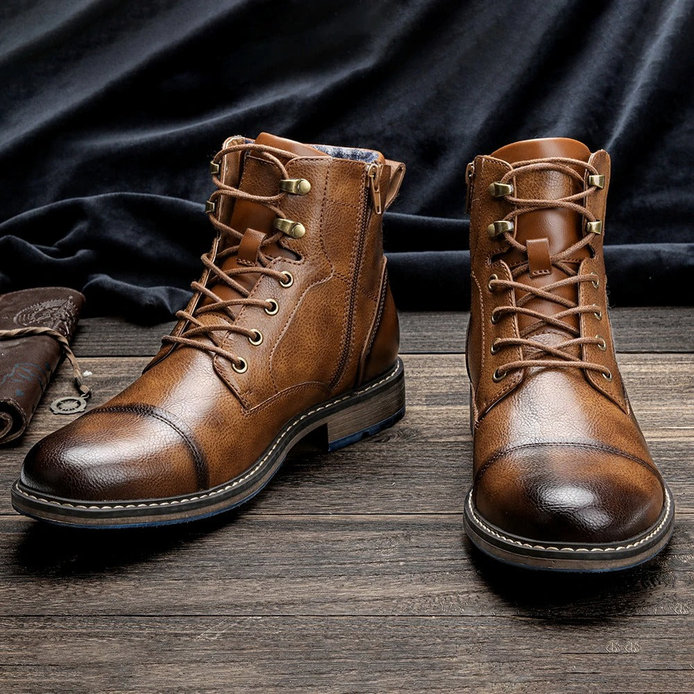 Men's Cowhide Leather Lace-Up Cap-Toe Ankle Boots