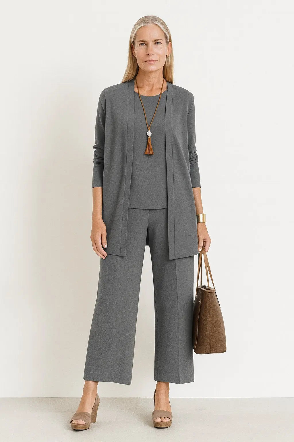 3-Piece Co-ord Set Wide Leg Trousers Longline Jacket Top - Gray