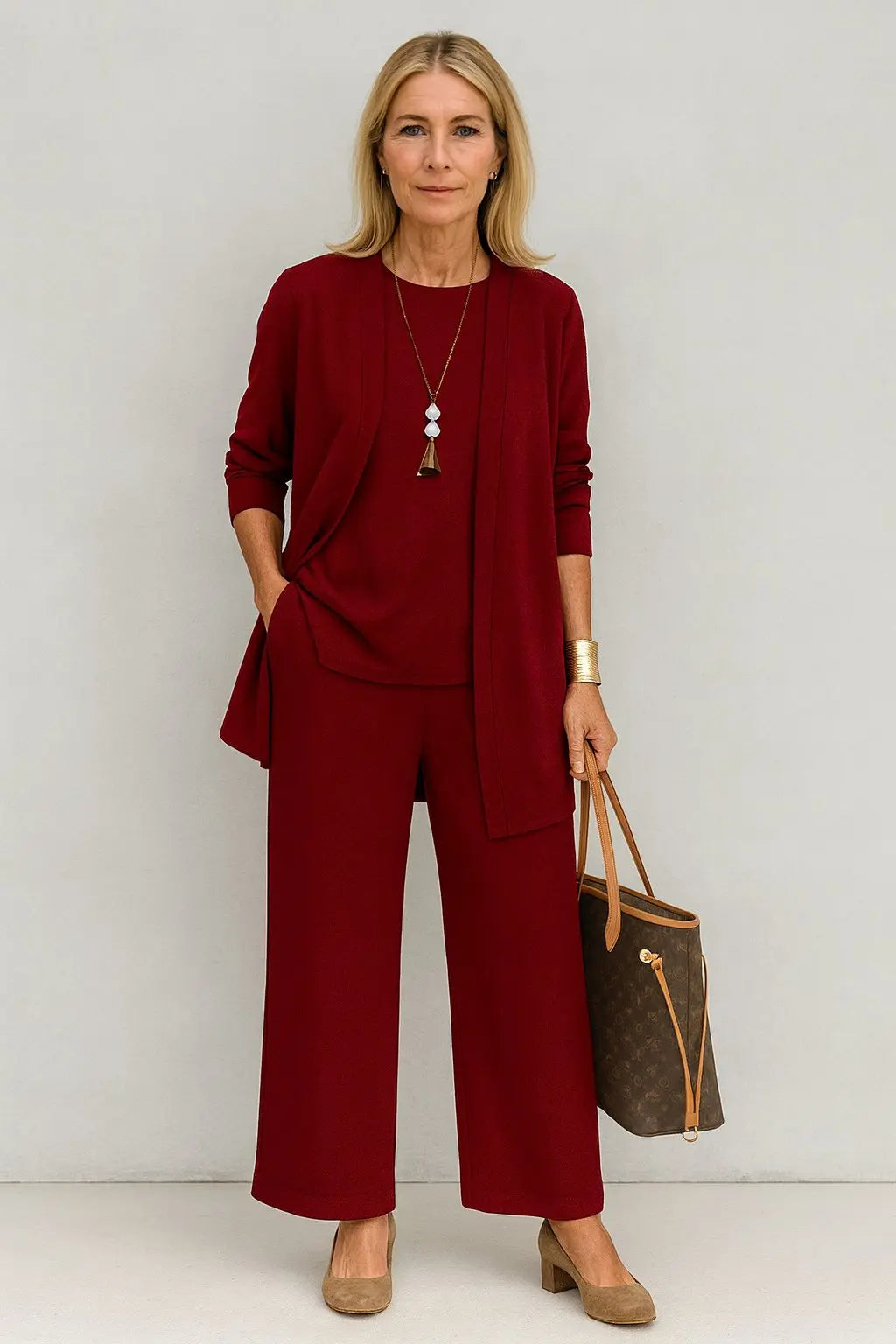 3-Piece Co-ord Set Wide Leg Trousers Longline Jacket Top - Red