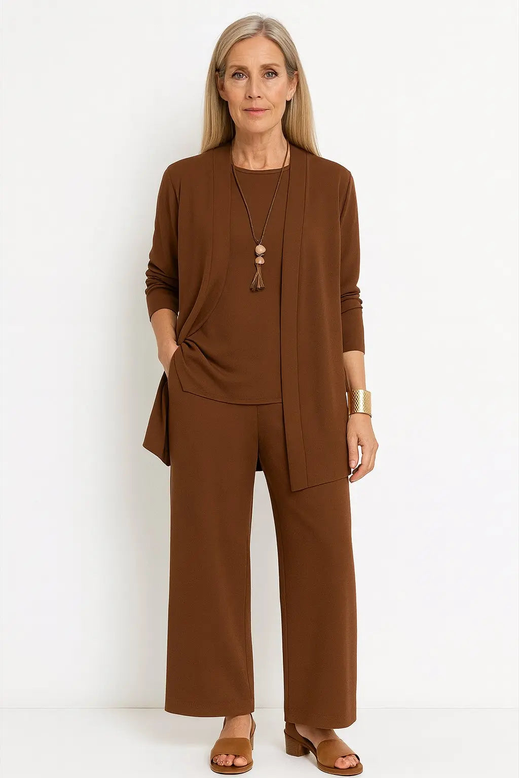 3-Piece Co-ord Set Wide Leg Trousers Longline Jacket Top - Brown