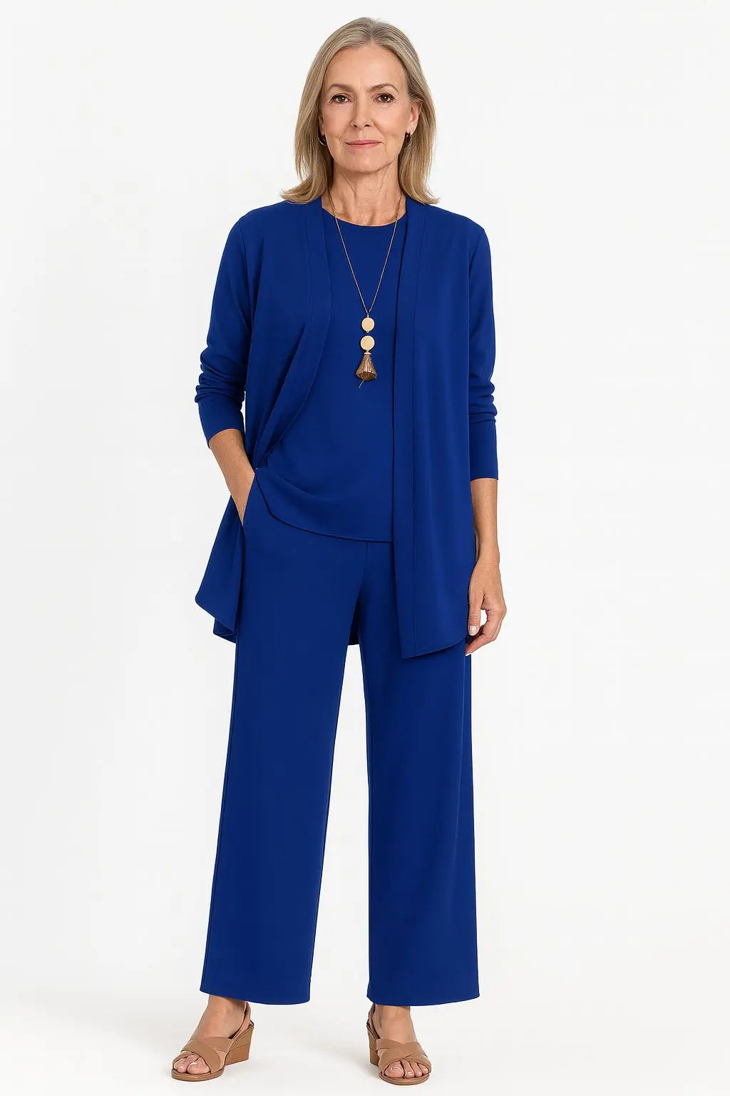 3-Piece Co-ord Set Wide Leg Trousers Longline Jacket Top - Blue