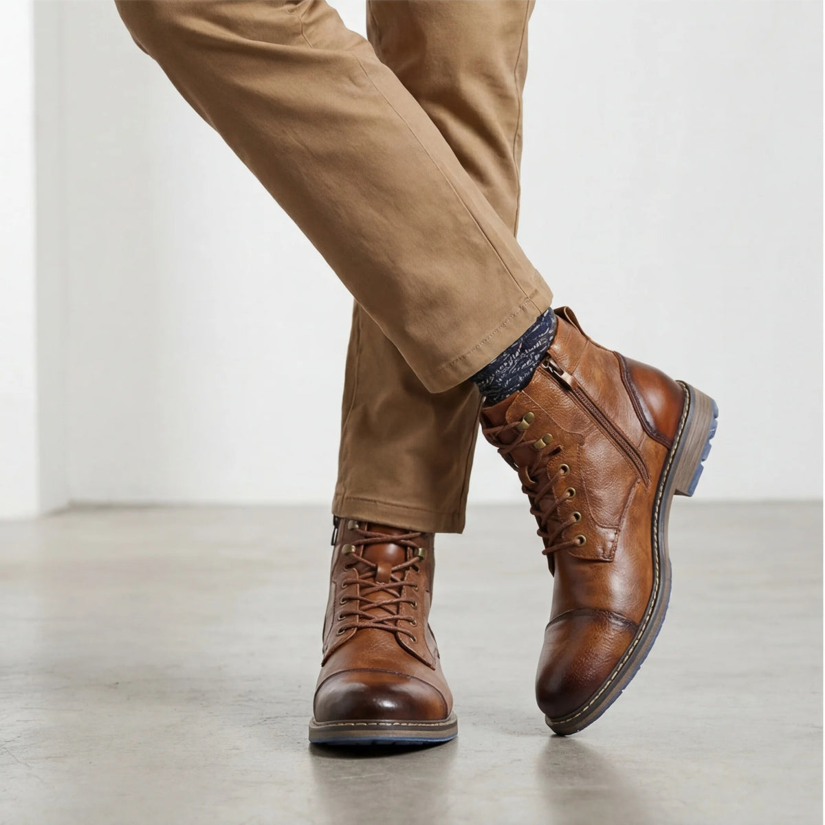 Men's Cowhide Leather Lace-Up Cap-Toe Ankle Boots