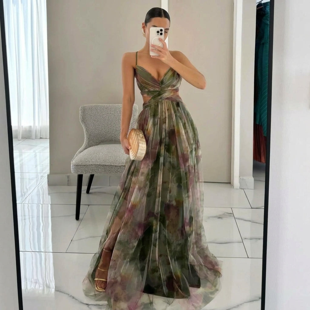Women's Floral Chiffon V-Neck Maxi Dress Autumn Wedding Guest
