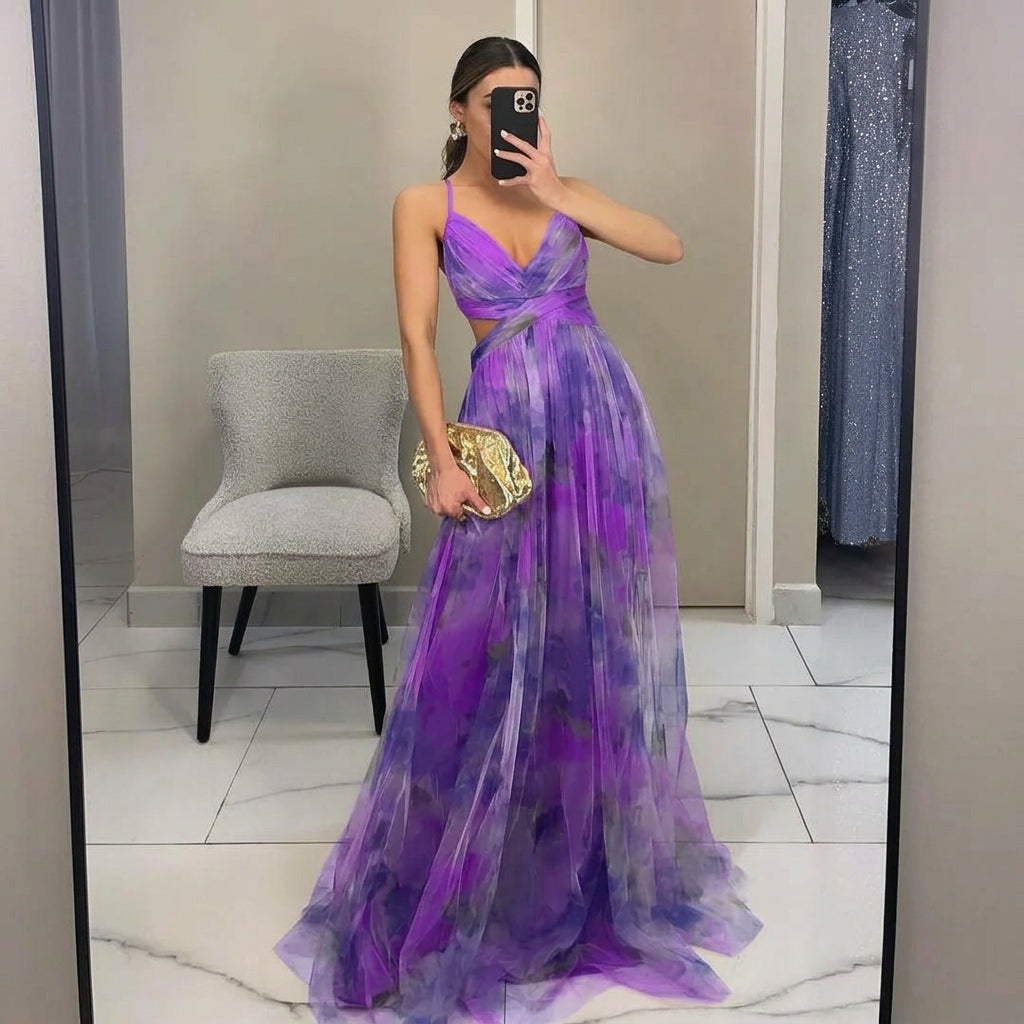 Women's Floral Chiffon V-Neck Maxi Dress Autumn Wedding Guest
