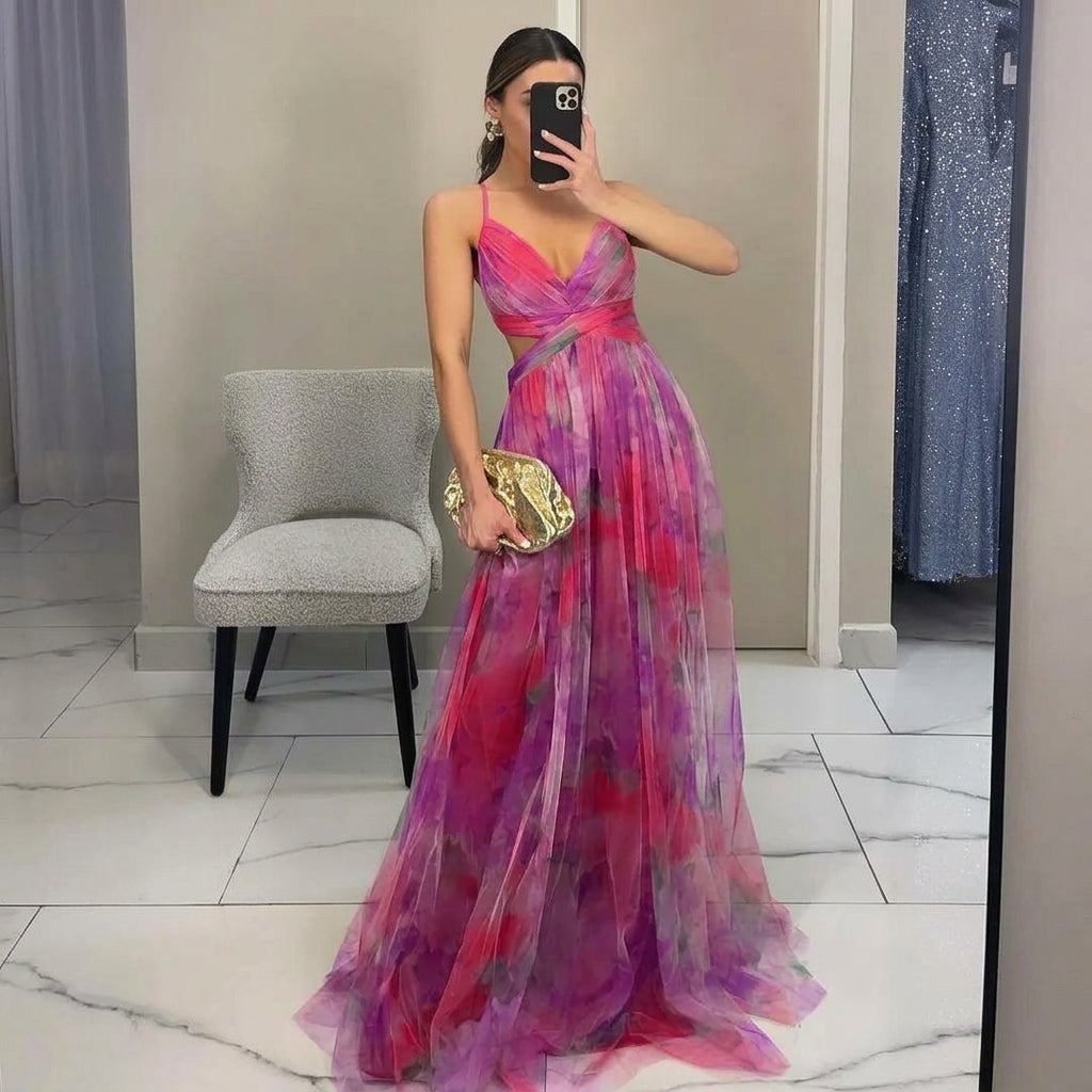 Women's Floral Chiffon V-Neck Maxi Dress Autumn Wedding Guest