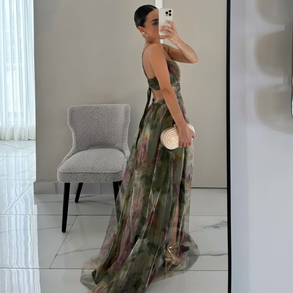Women's Floral Chiffon V-Neck Maxi Dress Autumn Wedding Guest