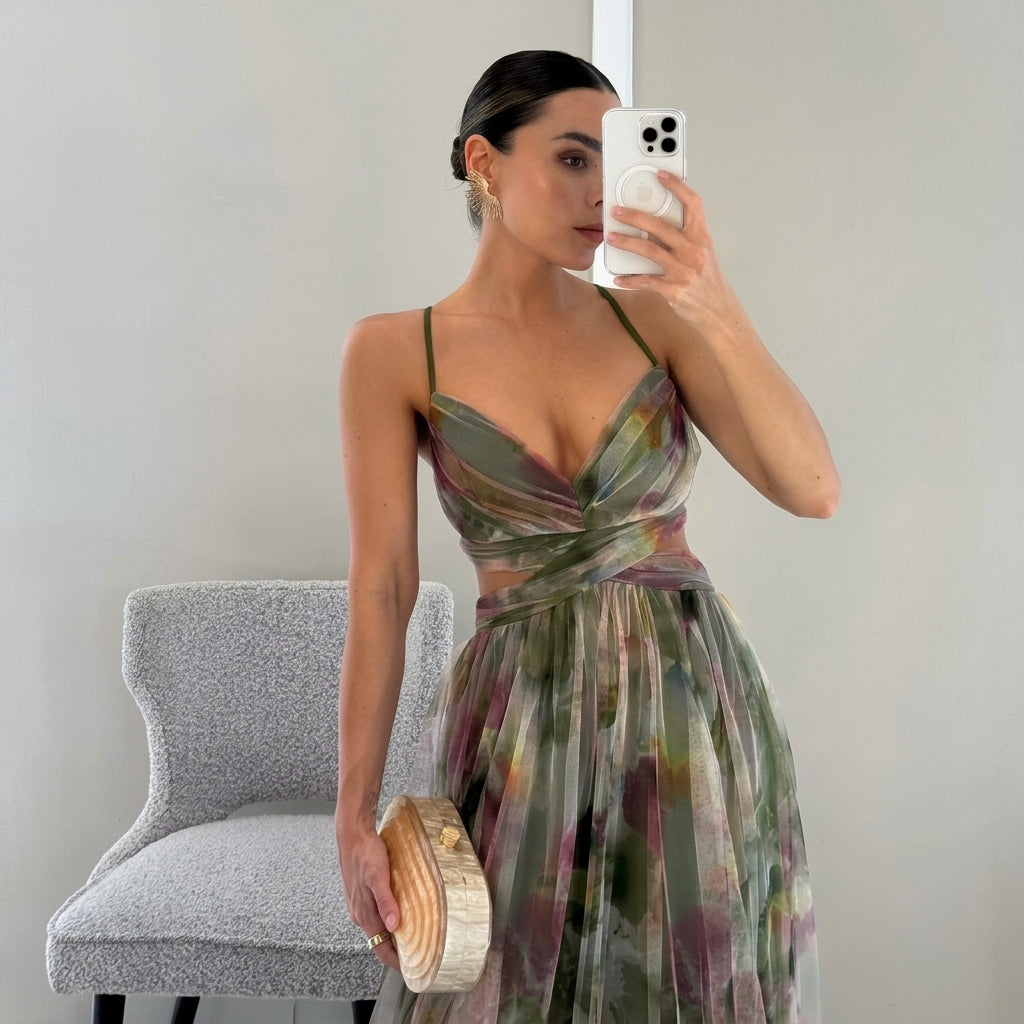 Women's Floral Chiffon V-Neck Maxi Dress Autumn Wedding Guest