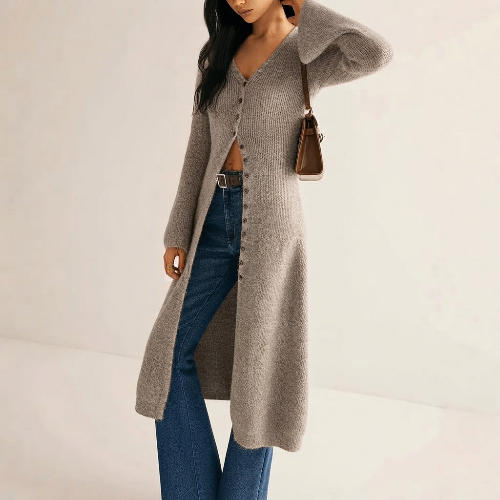 Women's V-Neck Longline Button-Front Knit Cardigan