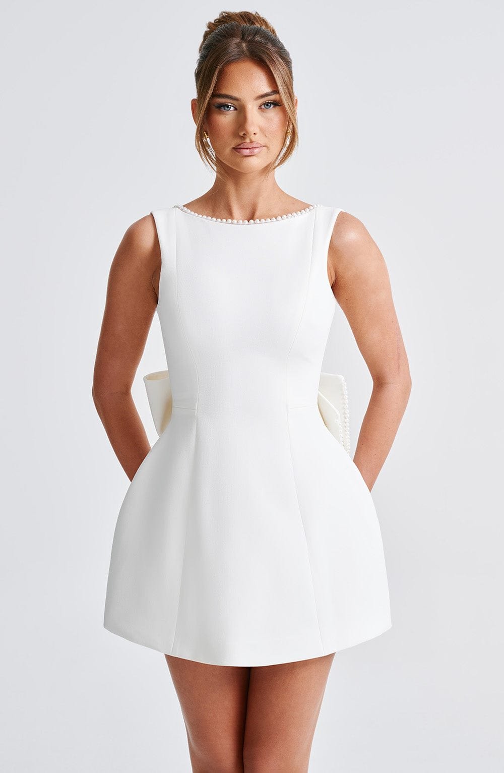 A-Line Mini Wedding Guest Dress Sleeveless Beaded Boat Neck